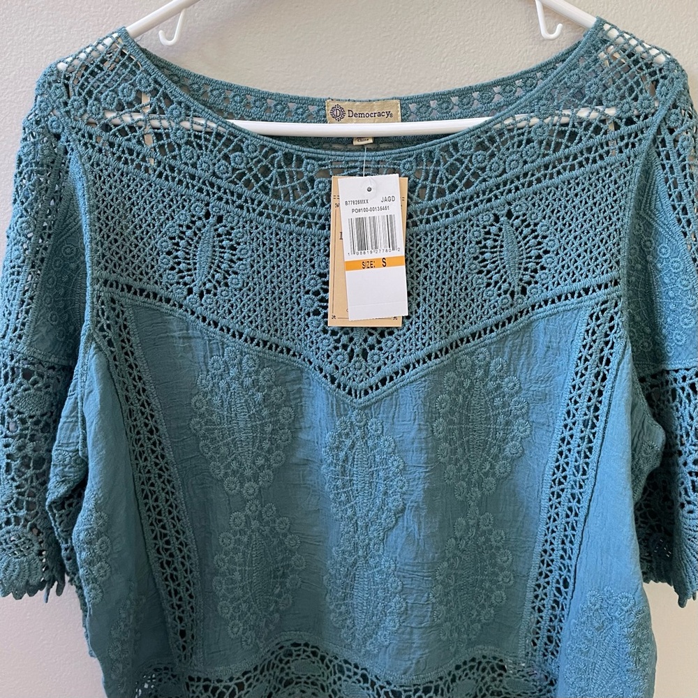 Democracy Green/Blue Crochet Cotton Boho Blouse Top Sz S - Picture 6 of 10